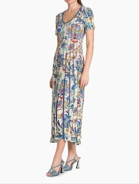 Etro Bouquet Pleated Short-Sleeve Midi-Dress